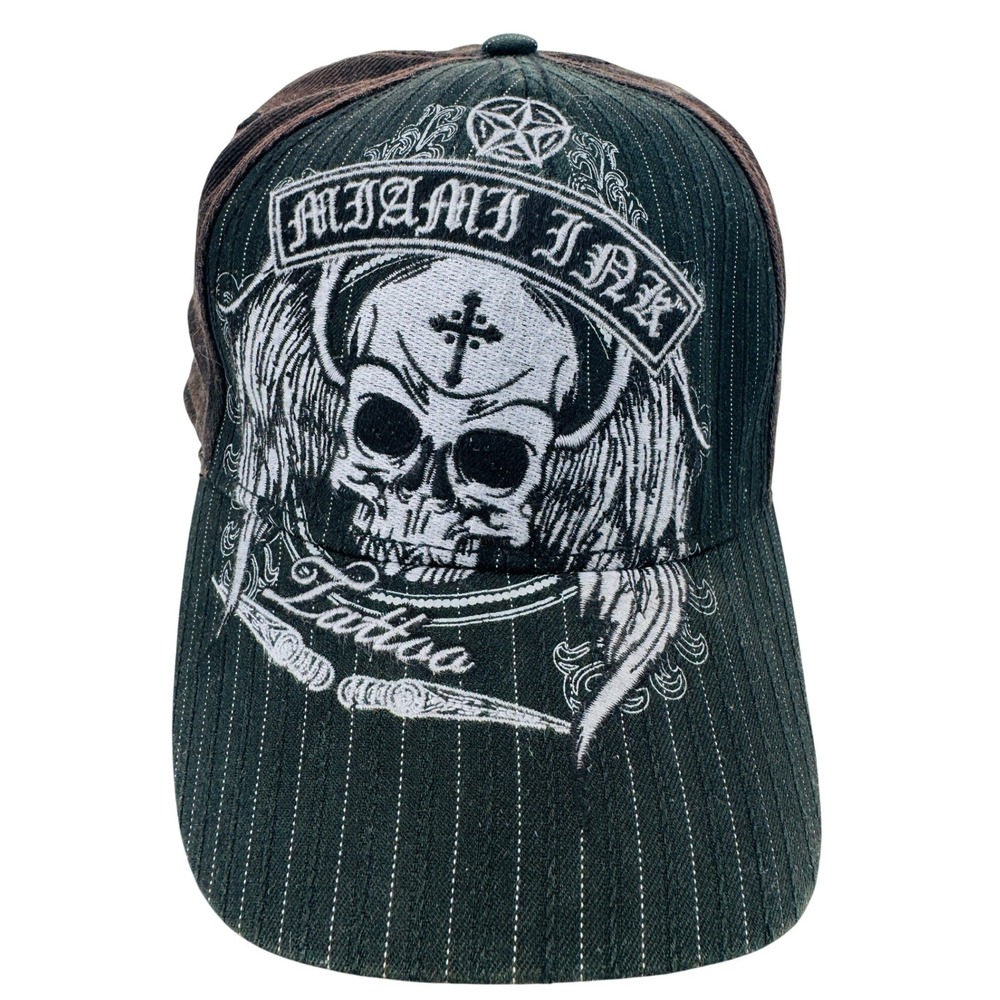 Miami Ink Tattoo Hat Mens OS Black Brown Skull‎ Pinstripe TekerFlex Cap